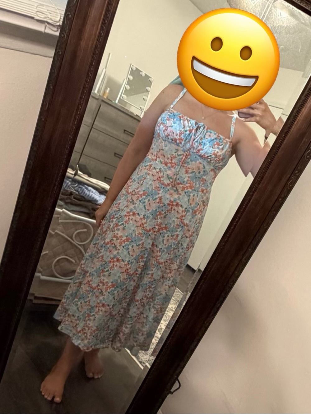 Floral Spaghetti-Strap Corset Midi Dress in Light Blue NWT